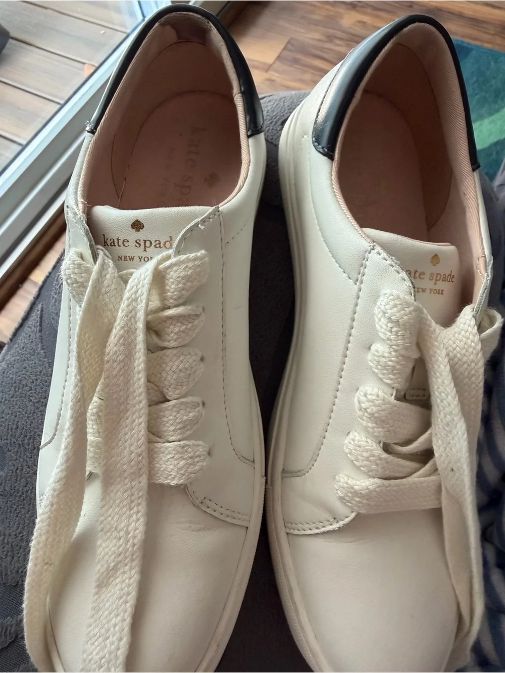 kate spade Cream Leather Low-Top Sneakers with Gold Logo